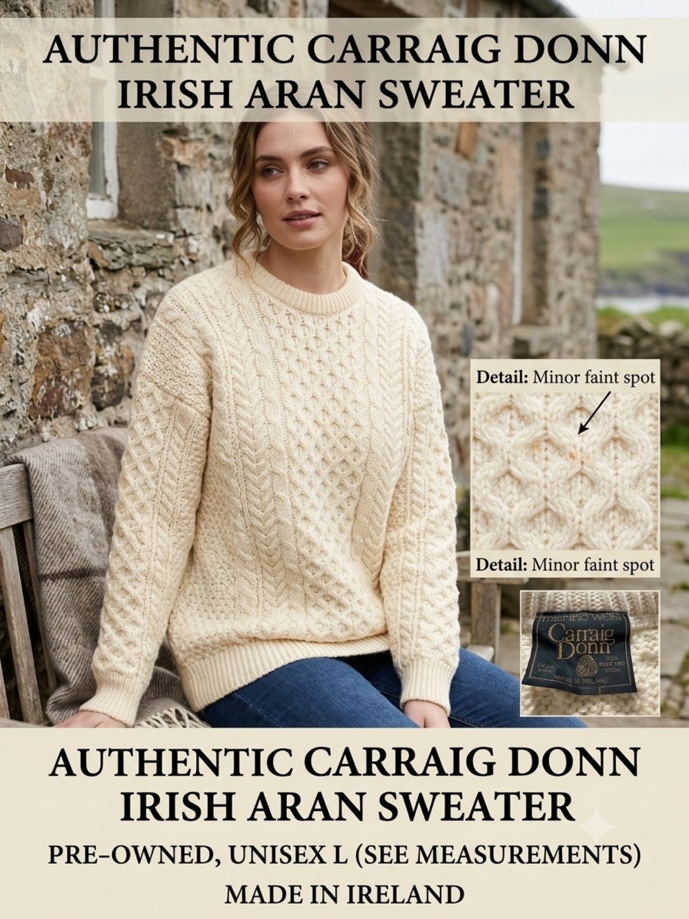 VTG Carraig Donn Ireland Pure New Wool Cable Knit Crewneck Sweater Cream Large